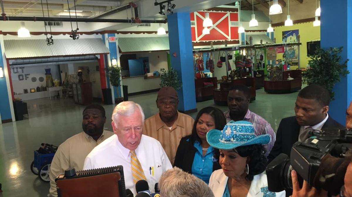 Democratic Whip Steny Hoyer (L) and Congresswoman Frederica Wilson (R) talk to reporters about Zika Wednesday morning at the Little Haiti Caribbean Marketplace, 212 NE 59th Terr.
