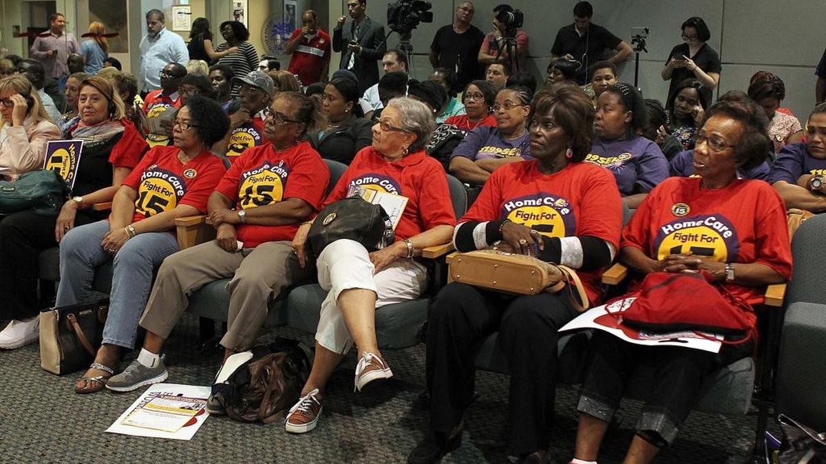 A group of 1199SEIU retirees, nursing home workers, home care workers, Miami seniors and community members attended a town hall meeting titled, "Facing Miami’s Senior Care Crisis" at Miami City Hall on Feb. 24, 2016.