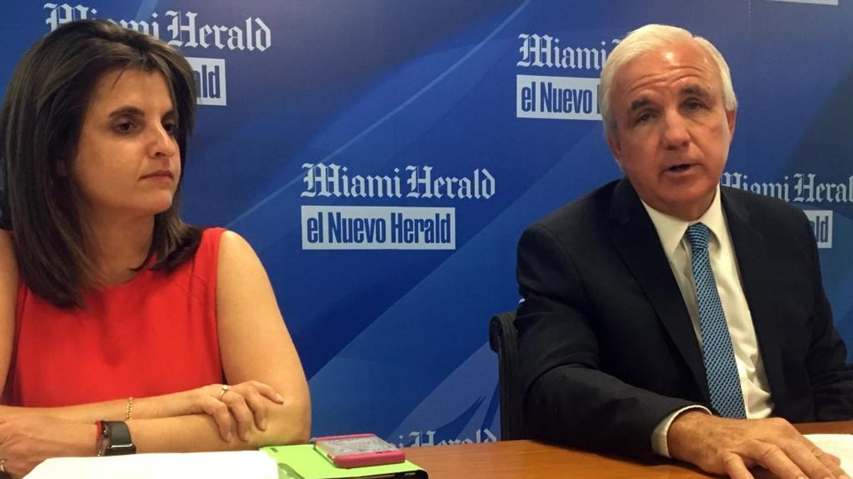 Miami-Dade Mayor Carlos Gimenez discusses his 2017 budget proposal during a July 11 meeting with the Miami Herald Editorial Board as his budget chief, Jennifer Moon, listens.