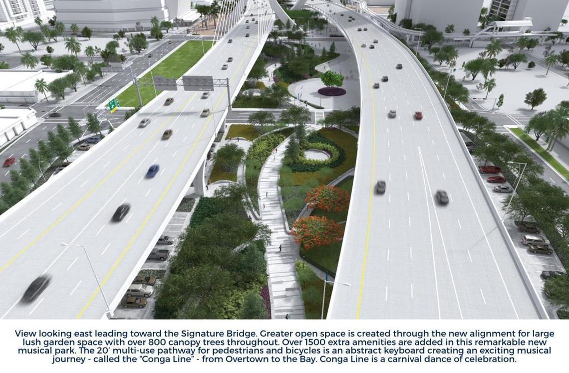 An overhead view of the separated Interstate 395 spans with a park in the center at ground level in the proposal by the Fluor-Astaldi-MCM team.