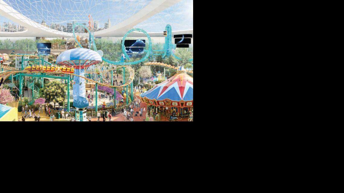 Though centered around a mall, the proposed American Dream Miami would also have a Ferris wheel, roller coaster, and 500-foot-tall observation tower. Most of it would be enclosed by a dome shown here in the artist’s rendering of the theme park. Proposed for Northwest Miami-Dade County, the project comes from the developer behind Minnesota’s Mall of America. 
