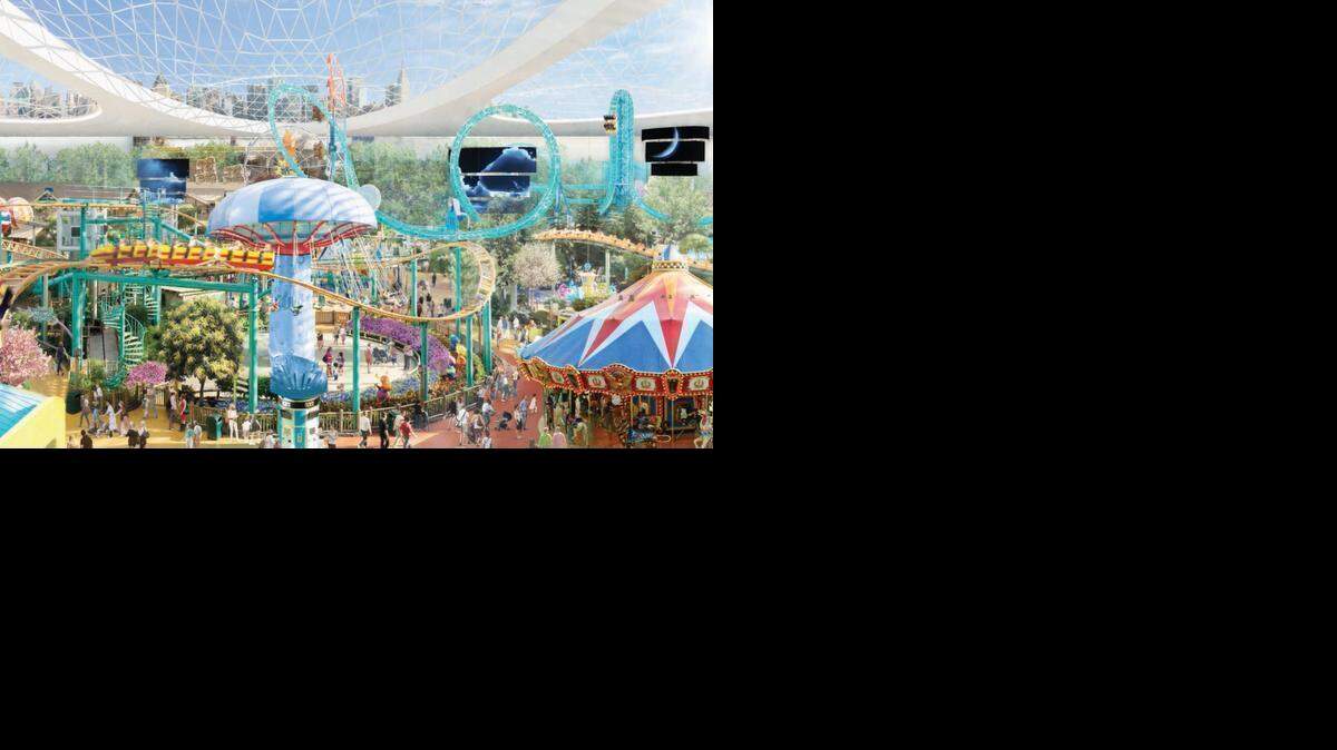 Though centered around a mall, the proposed American Dream Miami would also have a Ferris wheel, roller coaster, and 500-foot-tall observation tower. Most of it would be enclosed by a dome shown here in the artist’s rendering of the theme park. Proposed for Northwest Miami-Dade County, the project comes from the developer behind Minnesota’s Mall of America. 
