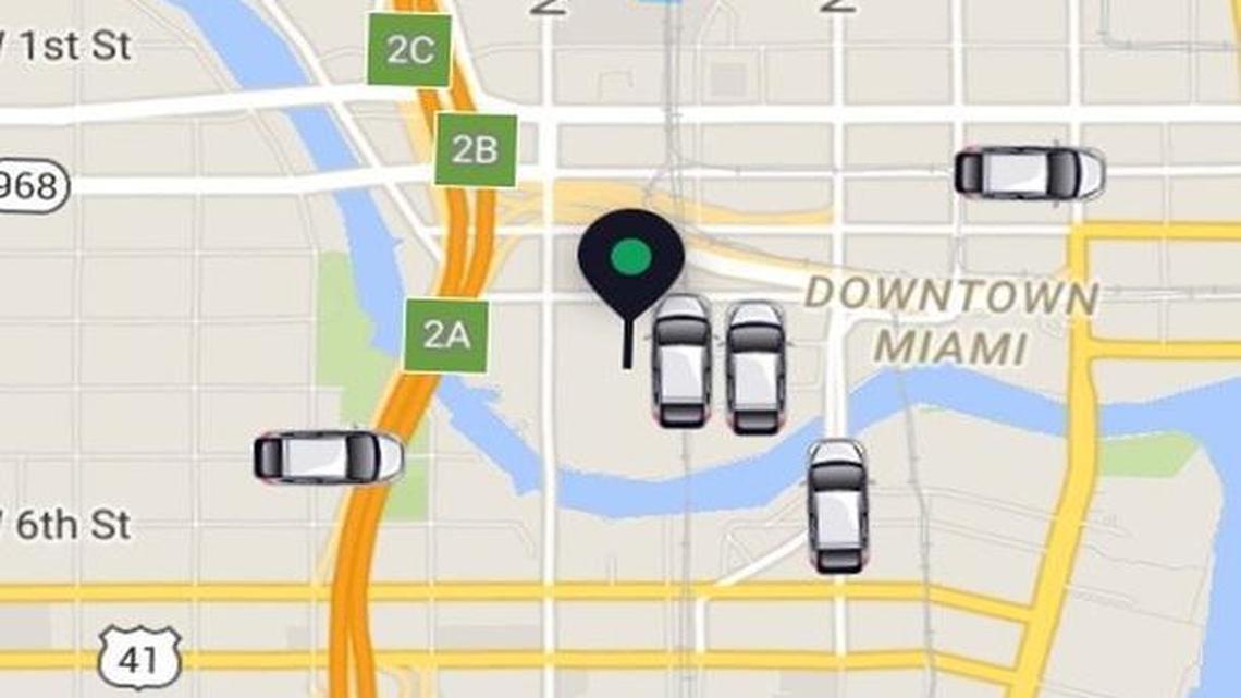 A screen shot of the Uber app when activated in downtown Miami.