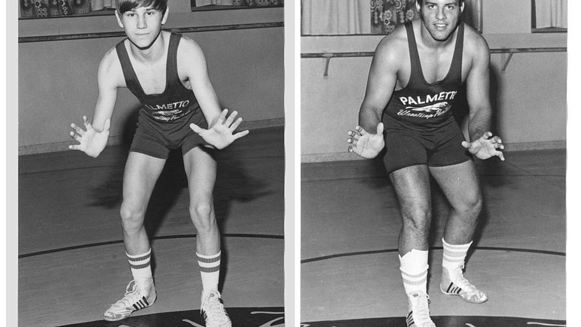 Wrestlers Kevin Pederson, at 108 pounds, and Alex DeCubas, at 188 pounds, in 1976.