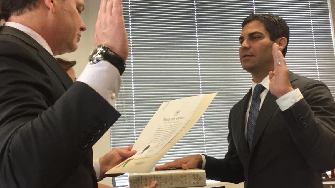Francis Suarez is sworn in Thursday as Miami’s District 4 commissioner. His appointment runs until the results of an election to replace him are certified.