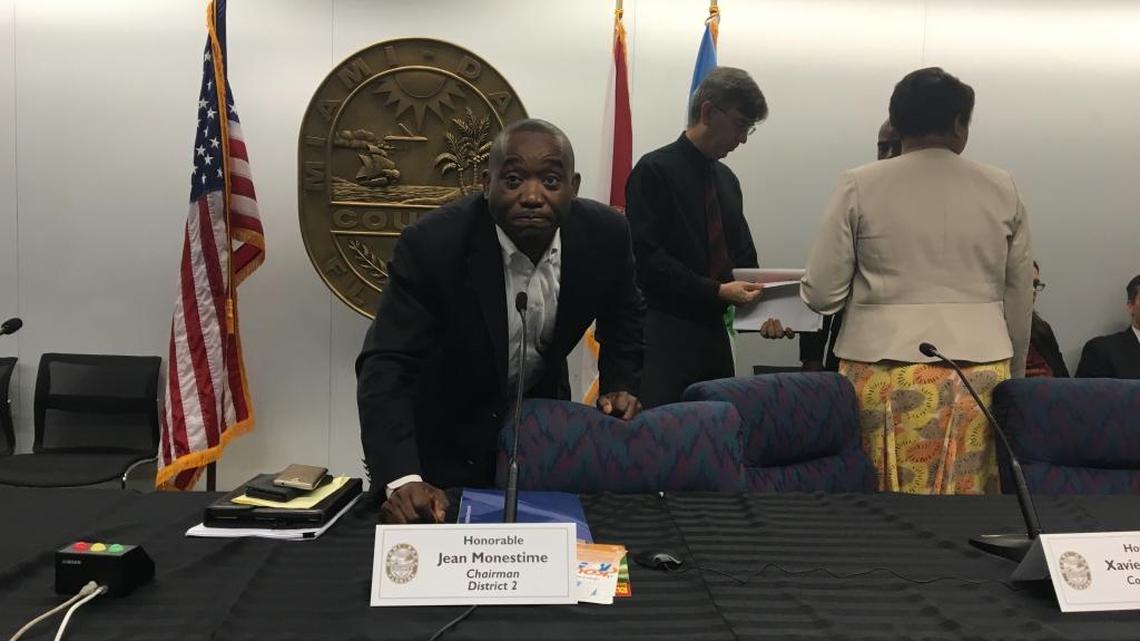 Jean Monestime, chairman of the Miami-Dade County Commission, adjourns a meeting for a lack of quorum. The meeting was called to approve counting the signatures for a petition drive aimed at campaign-donation restrictions.