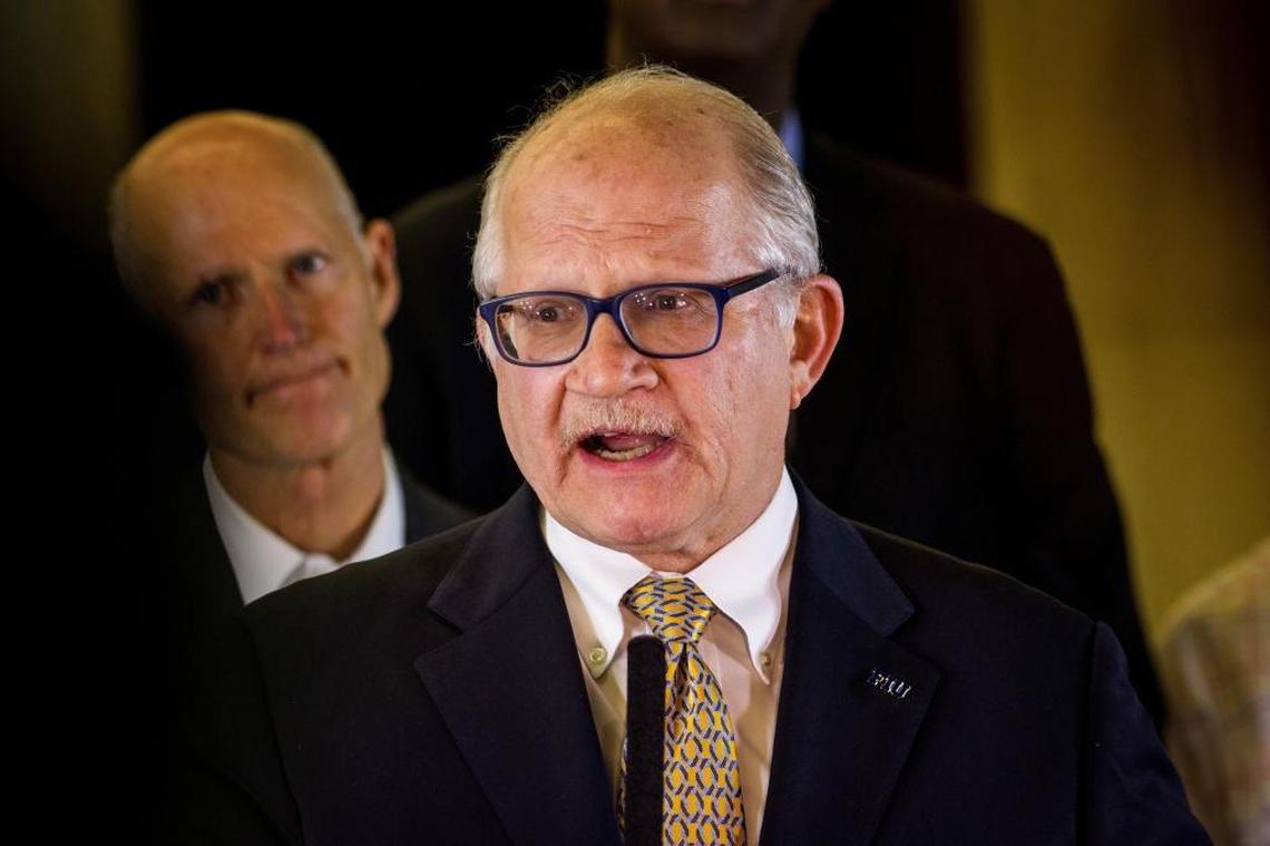 FIU President Mark Rosenberg speaks during a press conference at FIU Health Ambulatory Care Center adressing the new bridge collapse on Thursday.