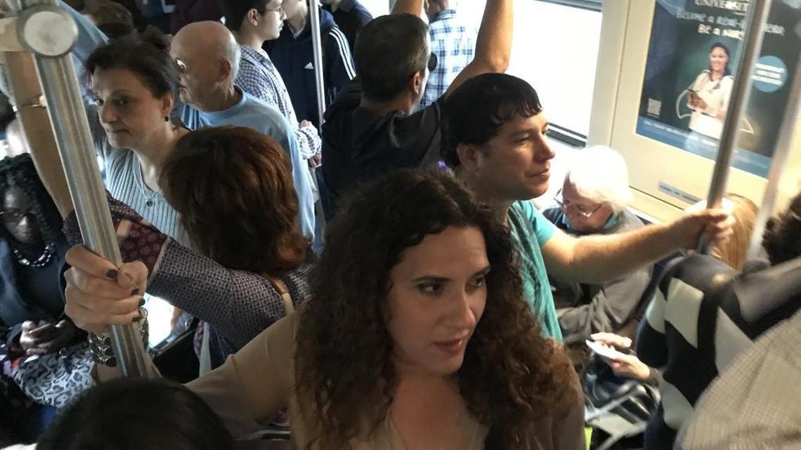 A crowded Metrorail car during the afternoon commute in November, at a time when complaints about the aging rail system were soaring. Miami-Dade County recently filed paperwork for air-conditioning repairs, citing bad publicity about the system’s troubles.