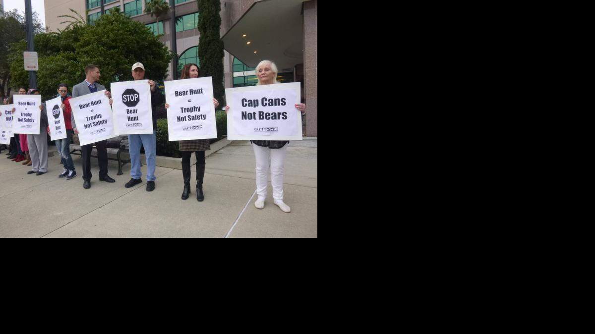 
A group of demonstrators from the Animal Rights Foundation of Florida gathers outside the Jacksonville Hyatt Regency where the Florida Fish and Wildlife Conservation Commission was meeting to consider opening a hunting season for black bears following a 20-year closure.
