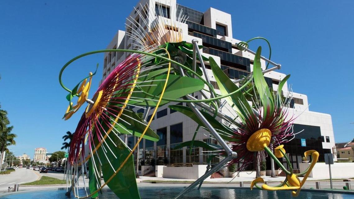 A view of one of the two sculptures designed by Alice Aycock at traffic circle on Segovia Street and Biltmore Way in Coral Gables in 2016.