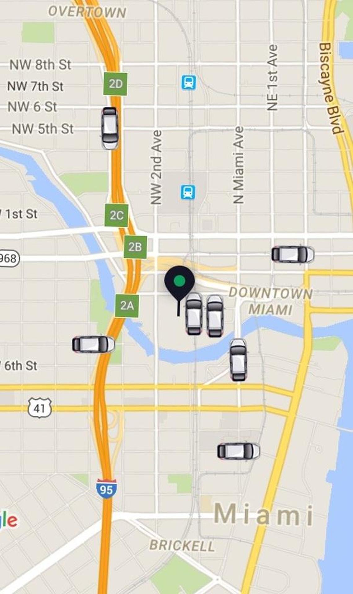 A screen capture of the Uber app at work in downtown Miami.