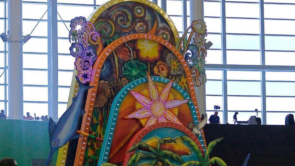 The home run sculpture in the outfield goes off after Omar Infante of the Miami Marlins hit the first home run in Marlins Park during a game against the Houston Astros at Marlins Park on April 15, 2012 in Miami, Florida. Both teams wore the number 42 in honor of Jackie Robinson Day.