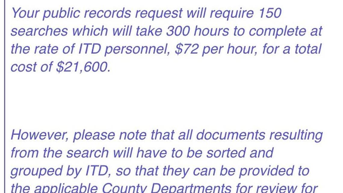 A cost estimate from Miami-Dade County to a member of Accountable Miami-Dade seeking nine days of correspondence from elected officials and county staff. Miami-Dade has since promised to lower the fee based on a narrower search.