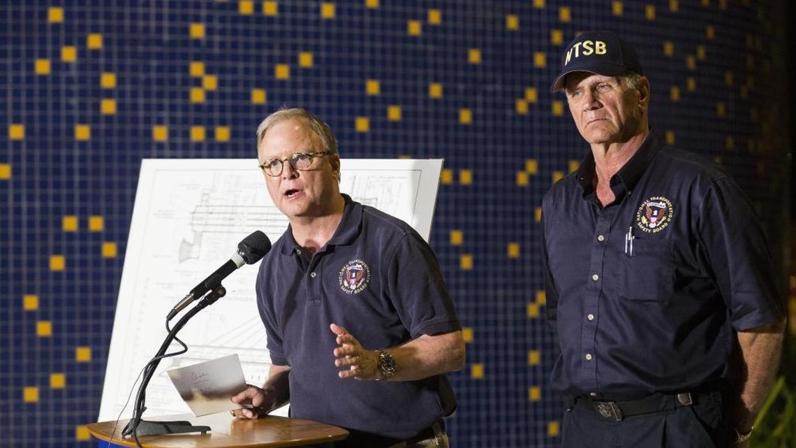 The National Transportation Safety Board’s Robert Sumwalt, left, and Robert Accetta hold a press conference regarding the collapse of the Florida International University pedestrian bridge near the scene of the accident in Sweetwater on Friday, March 16, 2018. Sumwalt is the chairman of the NTSB and Accetta is the investigator in charge of the FIU bridge case.