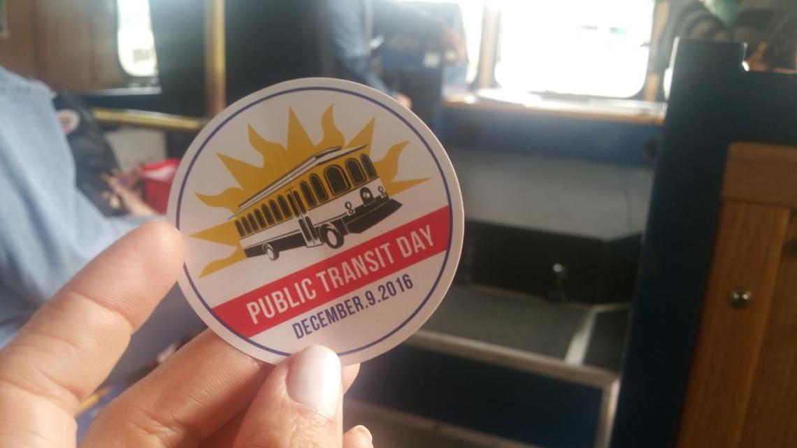 Miami-Dade County launched its first Public Transit Day on Friday. Stickers were handed out on Doral trolleys, redeemable for shopping discounts.