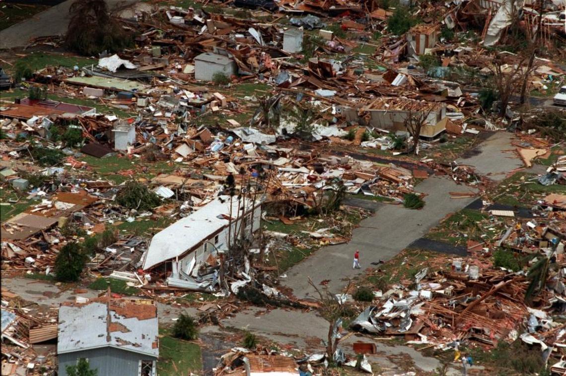 Hurricane Andrew first made landfall at Elliott Key, then charged across the mainland at Homestead, carving a path of destruction that damaged about 100,000 houses.