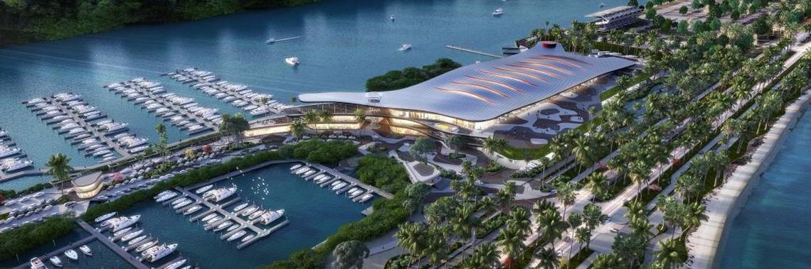 An aerial view (looking northeast) of what Tifon Miami wants to build at Miami’s Rickenbacker and Marine Stadium marinas.