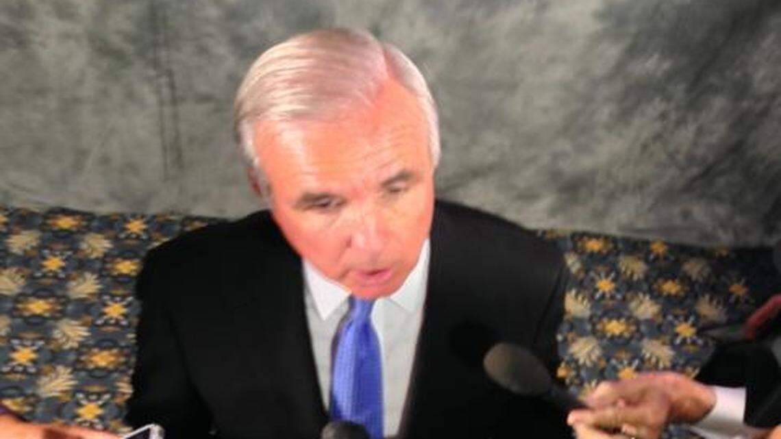 
Miami-Dade Mayor Carlos Gimenez addresses reporters after his 2014 State of the County address on Feb. 26, 2014. 

