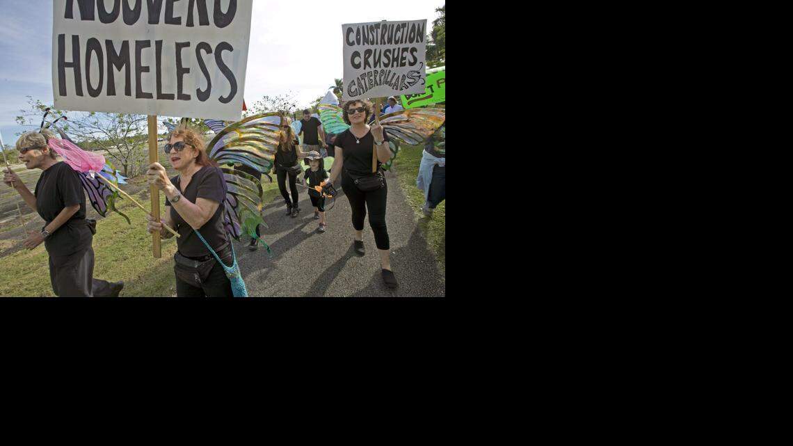 
Amy Werba, at center, marches with others as the Miami Rocklands Preservation Coalition and other groups rally to protest a Walmart and an amusement park planned for protected pine rockland near Zoo Miami in January.
