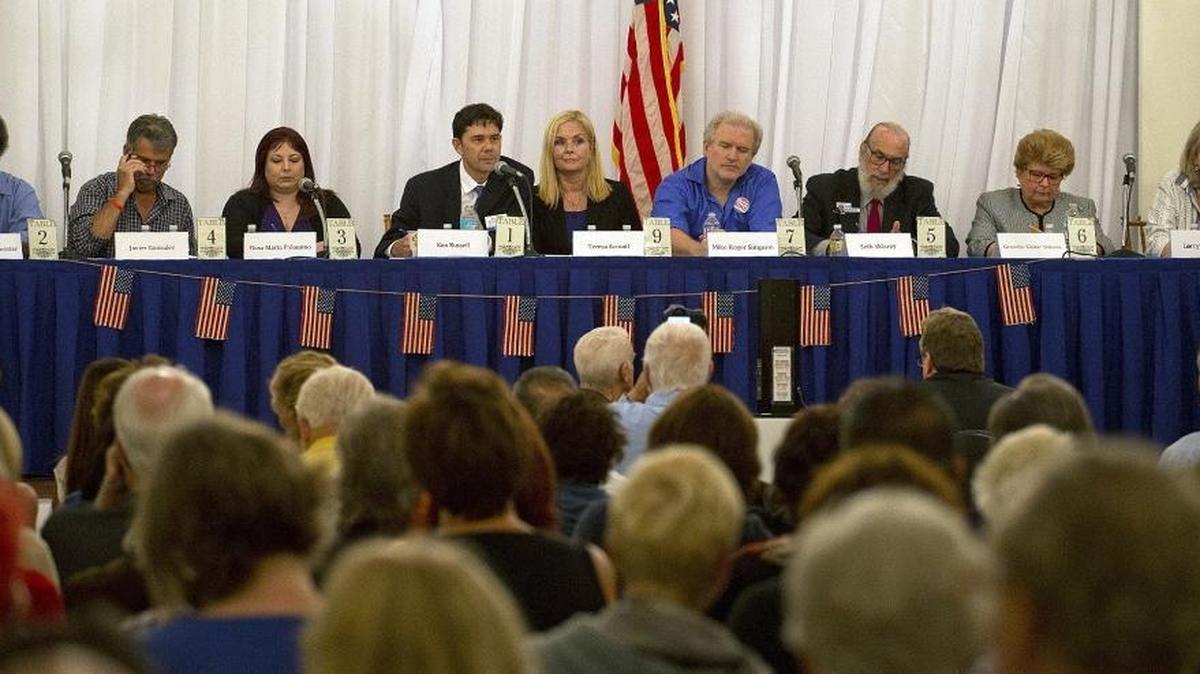 Candidates who are campaigning to claim the Miami Commission seat held by term-limited commissioner Marc Sarnoff attend a candidates forum at the Coconut Grove Woman's Club on Tuesday September 29, 2015. From left to right: Williams Armbrister, Javier Gonzalez, Rosa Palomino, Ken Russell, Teresa Sarnoff, Mike Simpson, Seth Sklarey, Grace Solares, Lorry Woods.