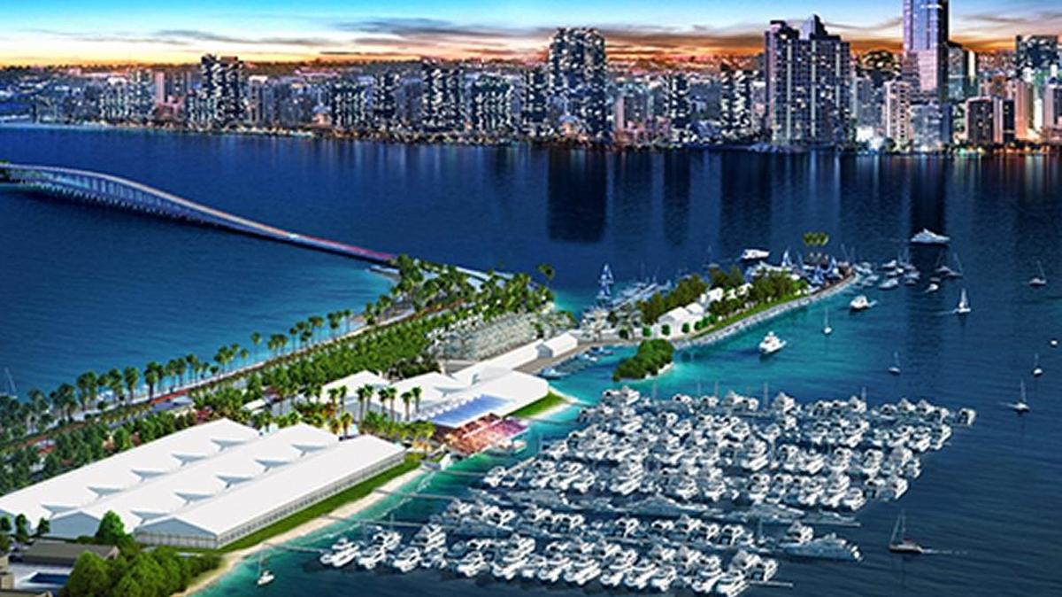 A rendering of the Miami International Boat Show at Miami’s Marine Stadium. The city’s use of the campus surrounding the stadium is the subject of a lawsuit by Key Biscayne.