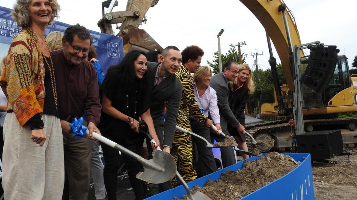 Constance Collier, Martin Z. Margulies, Jan R. Lewis, ICA chief curator Alex Gartenfeld, artist Romero Britto, Andrew Smulian and ICA director Ellen Salpeter break ground Monday on the permanent home of the Institute of Contemporary Art in Miami’s Design District.