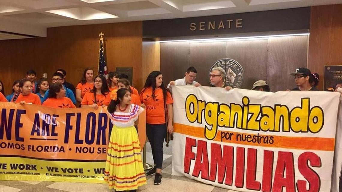 Dozens of immigrant advocate groups gathered at the Florida Capitol for a press conference on March 28 to oppose anti-immigrant bills lawmakers are considering this spring.