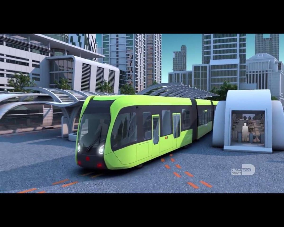 A rendering from Chinese firm CRRC of its “trackless-train” concept, a rubber-wheeled vehicle designed to function as a bus on roadways but resembling light rail. Miami-Dade Mayor Carlos Gimenez showed off the image in a promotional video to a Miami business group last fall, but said he was let down by a recent demonstration of the vehicle in person in China in March 2018.