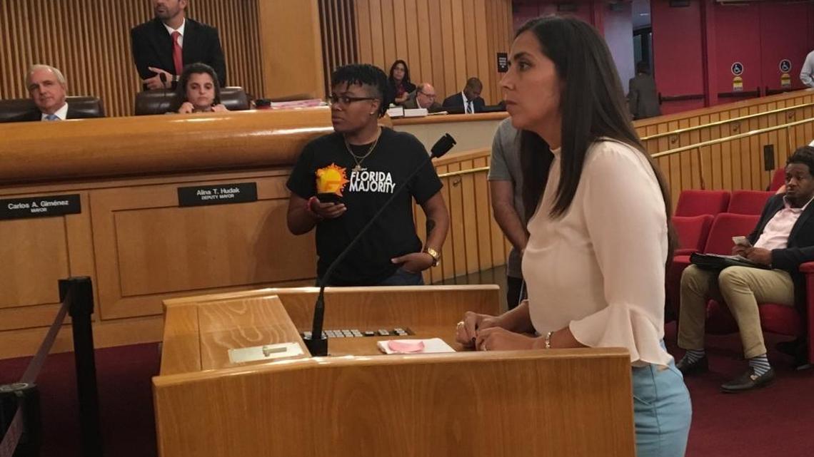Andrea Mercado, executive director of New Florida Majority, addresses Miami-Dade commissioners during a budget hearing on Tuesday, Sept. 20. When she singled out Mayor Carlos Gimenez for criticism of the county’s response to Hurricane Irma, her microphone was cut off by the commission’s chairman, Esteban “Steve” Bovo.