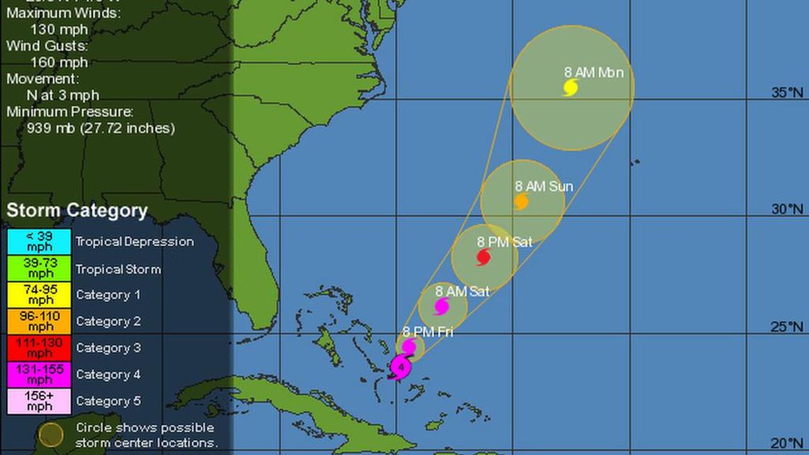 
At 11 a.m. Friday, the National Hurricane Center said the dangerous Category 4 storm would likely batter the Bahamas until tonight.
