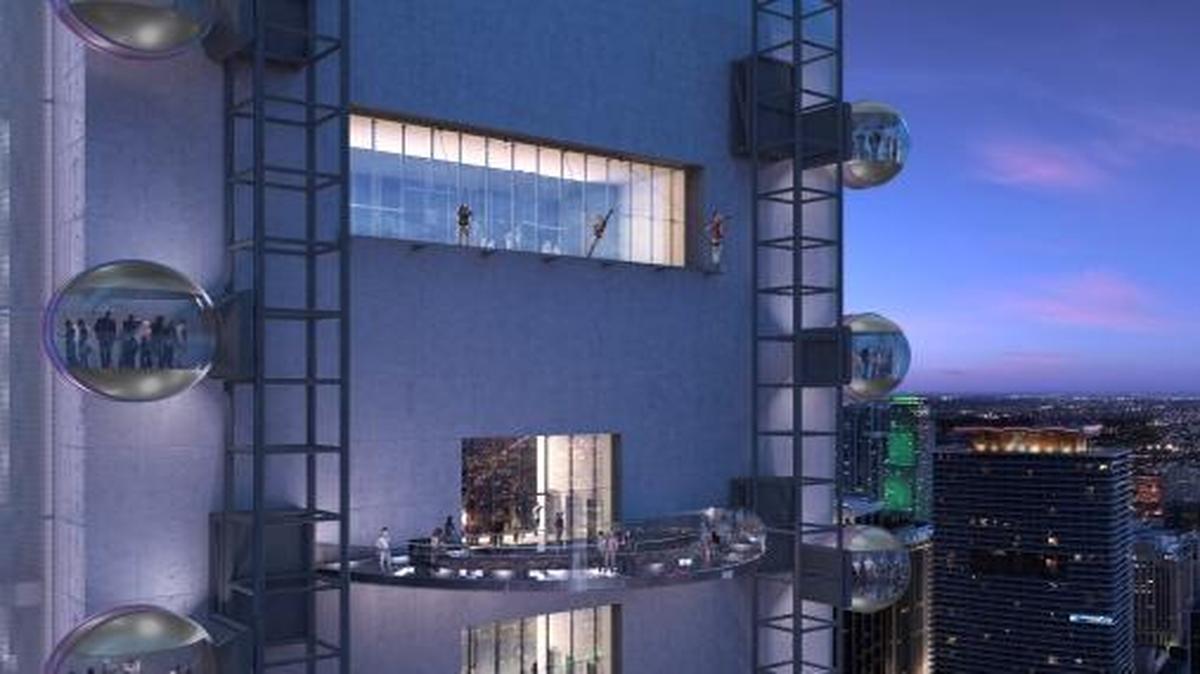 SkyWay orbs will move on tracks up and down SkyRise’s exterior walls.