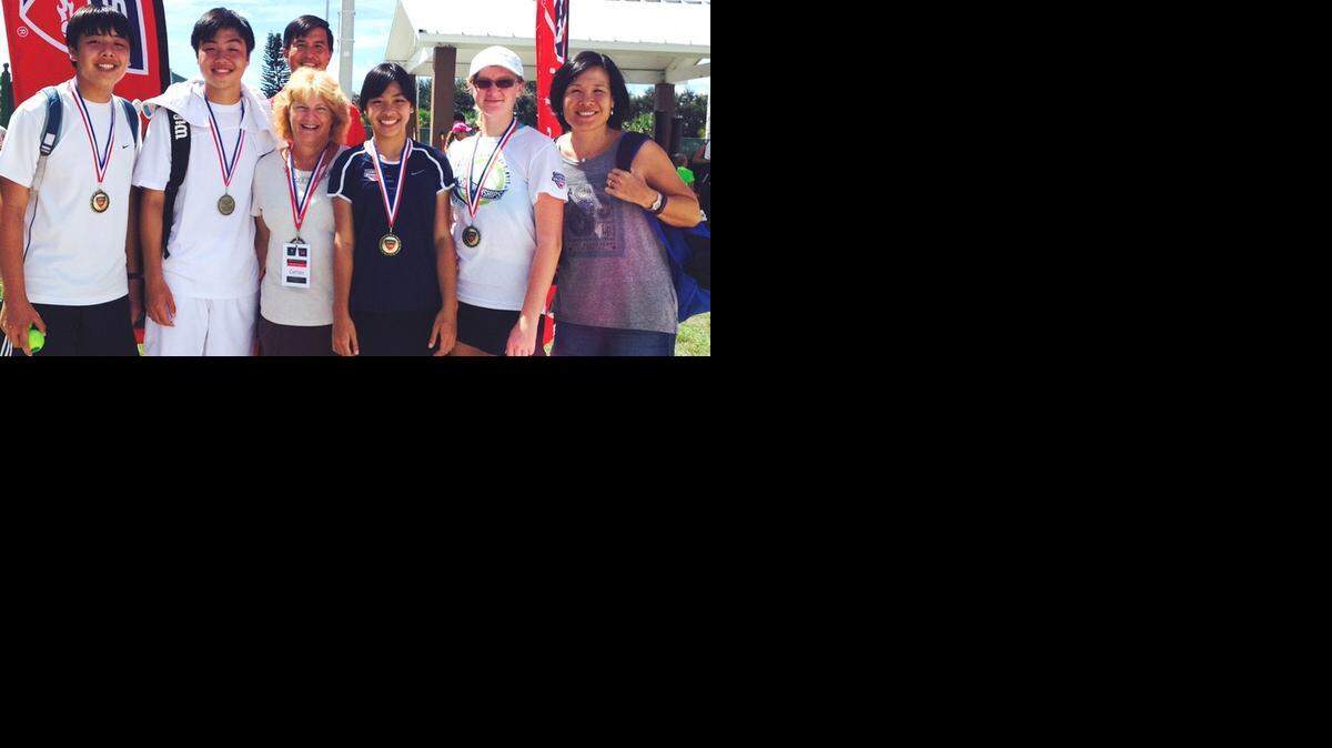 
The Miami Extreme Team reached the finals of the 14U-18U Intermediate Division during the USTA Florida Southwest Team Tennis Challenge at Three Oaks Park in Fort Myers. The runners-up are Christopher Siu, Patrick Siu, Team Captain Cyndi Johnston, Isabella Siu, Alexis Johnston. Also pictured are Javier and Giselle Siu.
