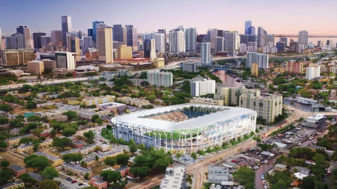 A rendering of David Beckham’s proposed soccer stadium in the Overtown neighborhood of Miami. Beckham and new partners Jorge and José Mas are expected to join Major League Soccer executives next week to announce the league’s formal approval of a Miami franchise.