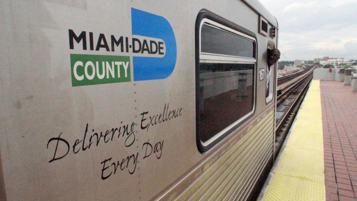 A Metrorail car leaves the station in downtown Miami.