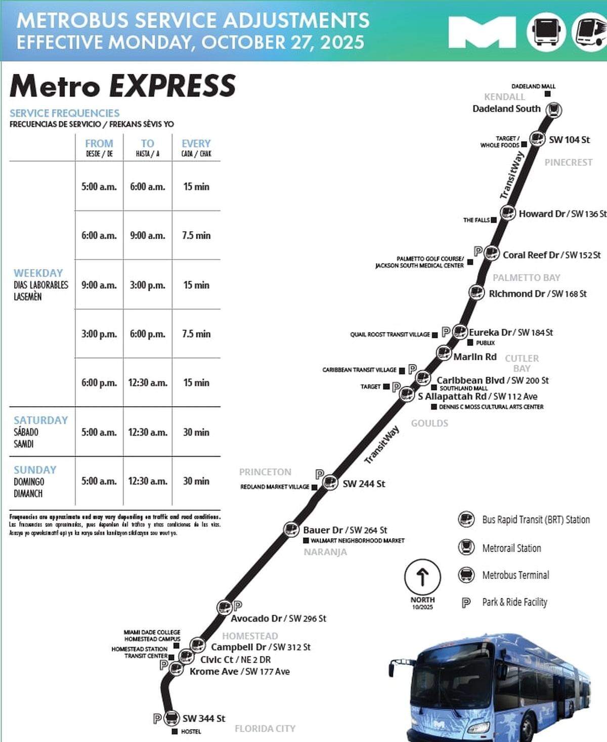 A map of the Metro Express rapid-transit bus route launching service in South Miami-Dade on Monday, Oct. 27, 2025.