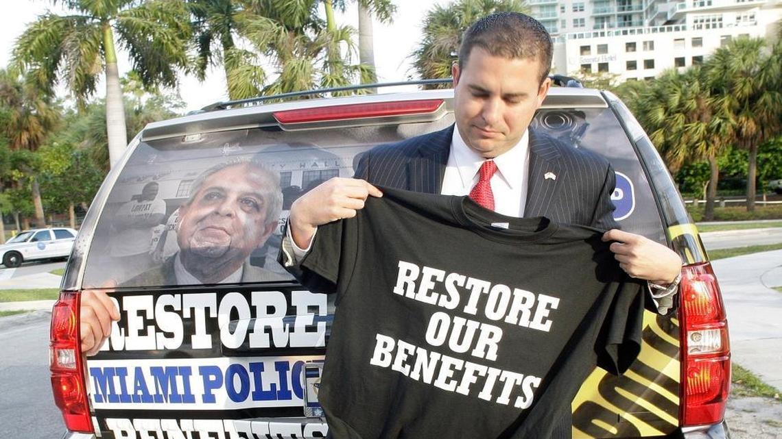 Miami Fraternal Order of Police President Javier Ortiz in 2014 protesting the city’s compensation of its employees.