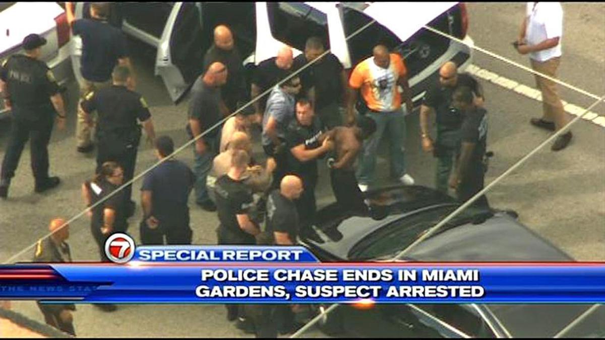 Framegrab from aerial video of bi-county chase, provided by WSVN7. The 15-year-old driver of the vehicle is shirtless and has been charged with grand theft, fleeing and eluding police, aggravated assault and driving without a legal license.