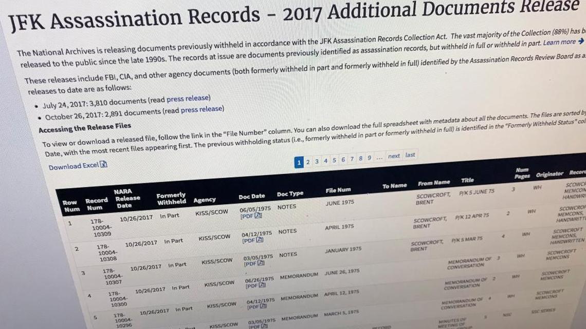 Part of a web page showing the page from the National Archives showing a listing of records released on Thursday, Oct. 26, 2017, in Washington, relating to the assassination of President John F. Kennedy.