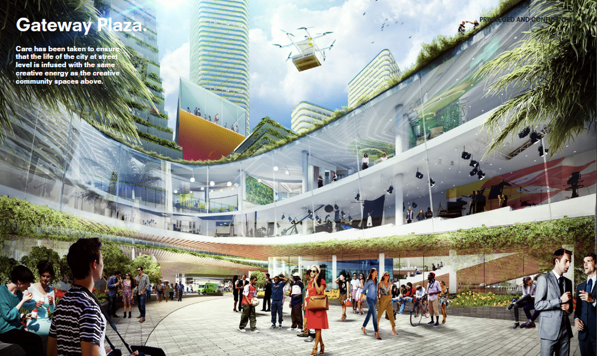 The revised skyward view of a courtyard within the Miami Innovation District’s planned complex. Note the Amazon drone hovering above the pedestrians. A similar rendering (without the drone) was on the development’s website, and was created before the project was part of Miami’s application for an Amazon headquarters.