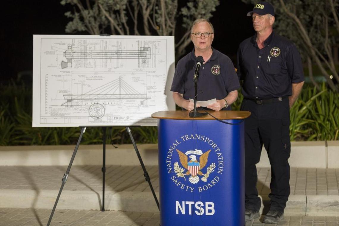 The National Transportation Safety Board’s Robert Sumwalt, left, and Robert Accetta discussed the collapse and the investigation that will follow in the coming months. Sumwalt is the chairman of the NTSB and Accetta is the investigator in charge of the FIU bridge case.