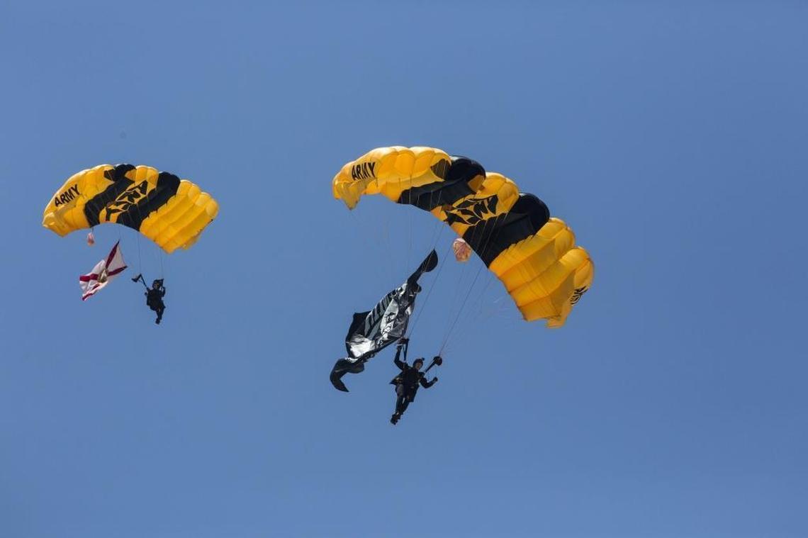 U.S. Army military paratroopers fly over Miami Beach at 70 miles per hour. Paratroopers started off the Memorial Day Weekend air show on Saturday, May 27, 2017.