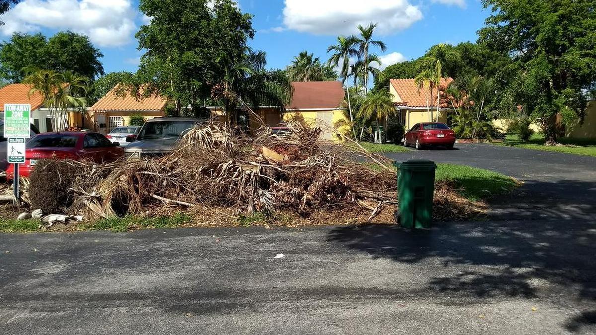 A pile of debris in the Greenway Lakes neighborhood in Southwest Miami-Dade. Pickup has been delayed because Miami-Dade County is requiring associations on private roads to sign a waiver allowing them to pick up the debris.