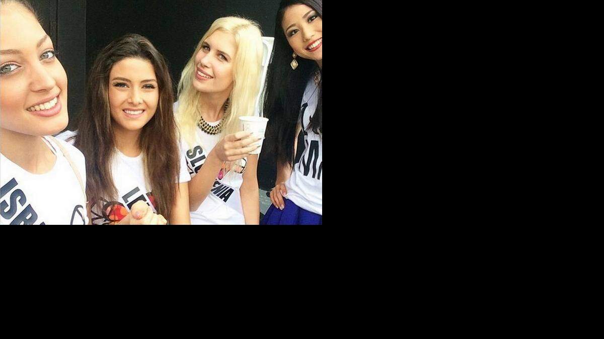 
Miss Israel Doron Matalon, left, snapped a photo with Miss Lebanon Saly Griege, center left, and uploaded the picture to Instagram.



