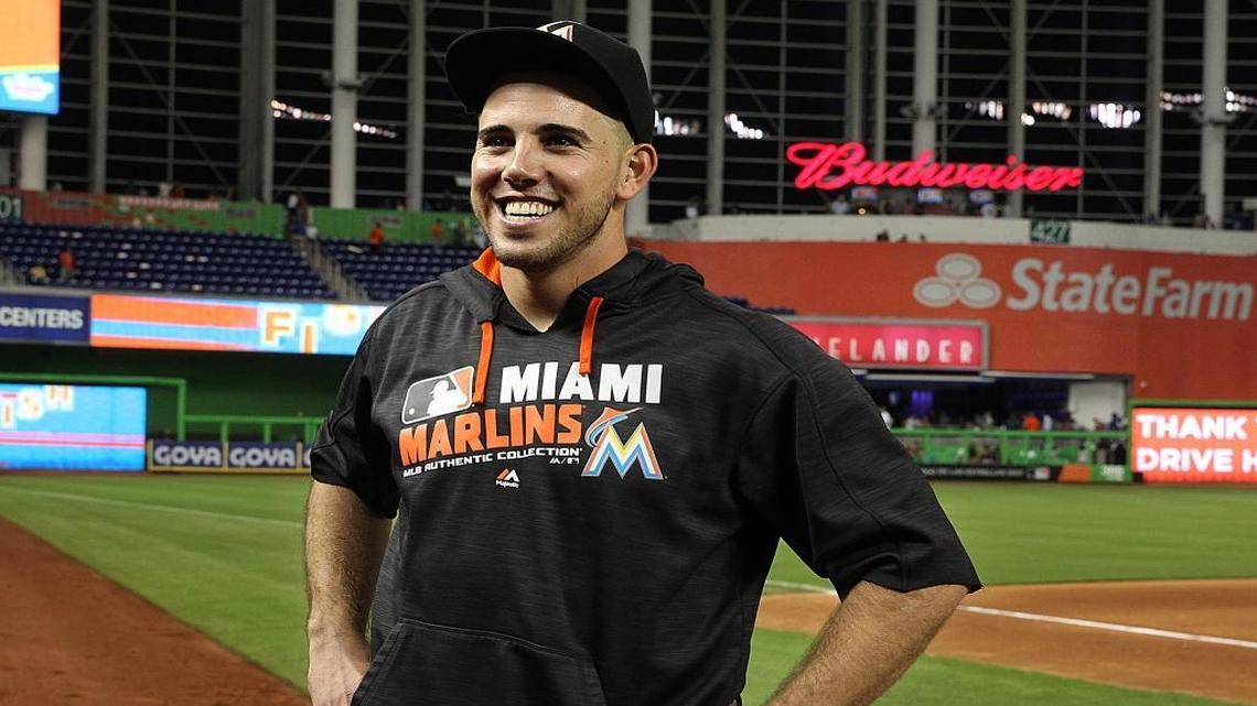 Miami Marlins' pitcher Jose Fernandez, gestures to the stands as he celebrates the Marlins’ 4-1 victory against the Los Angeles Dodgers at Marlins Park in Little Havana in Miami on Sept. 09, 2016. The families of two men who were with Jose Fernandez on his boat when it crashed are suing Fernandez’s estate.