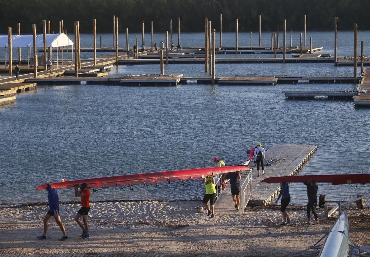 Miami Marine Stadium basin, where the city is proposing to add a mooring field which would interfere with the rowers who use the basin and the natural wildlife area surrounding it. Members of the Miami Rowing Club return after practicing in the basin where they navigate around temporary pilings and docks set up for the Miami International Boat Show on Tuesday, Jan. 30, 2018.