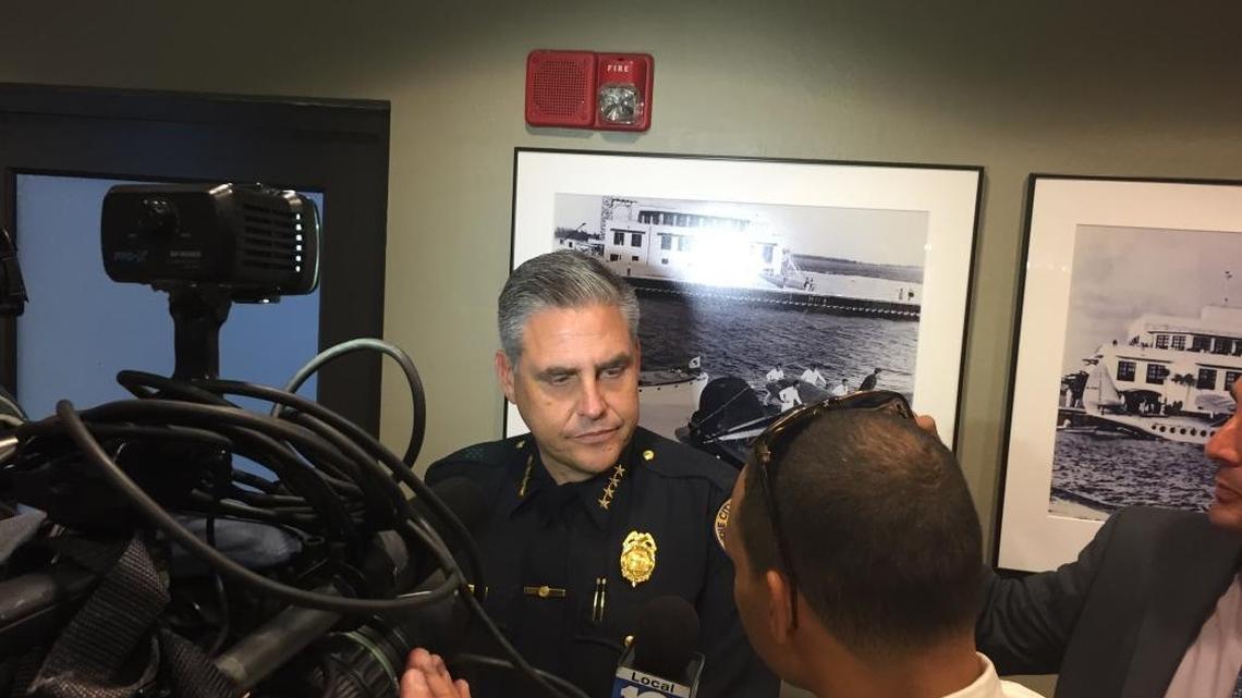 Miami Police Chief Rodolfo Llanes speaks with reporters Thursday after Miami Commissioners approve a four-year oversight agreement with the Justice Department.