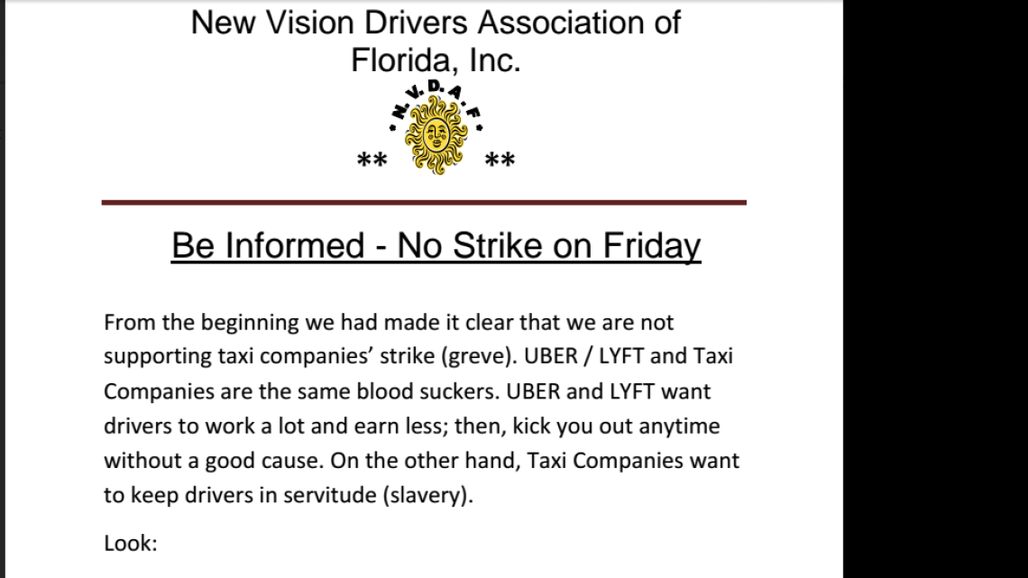 
A flyer issued by a taxi-driver association in Miami. It was designed to head-off a taxi strike Friday over Miami-Dade’s failure to end Uber and Lyft’s thriving business in the county. 
