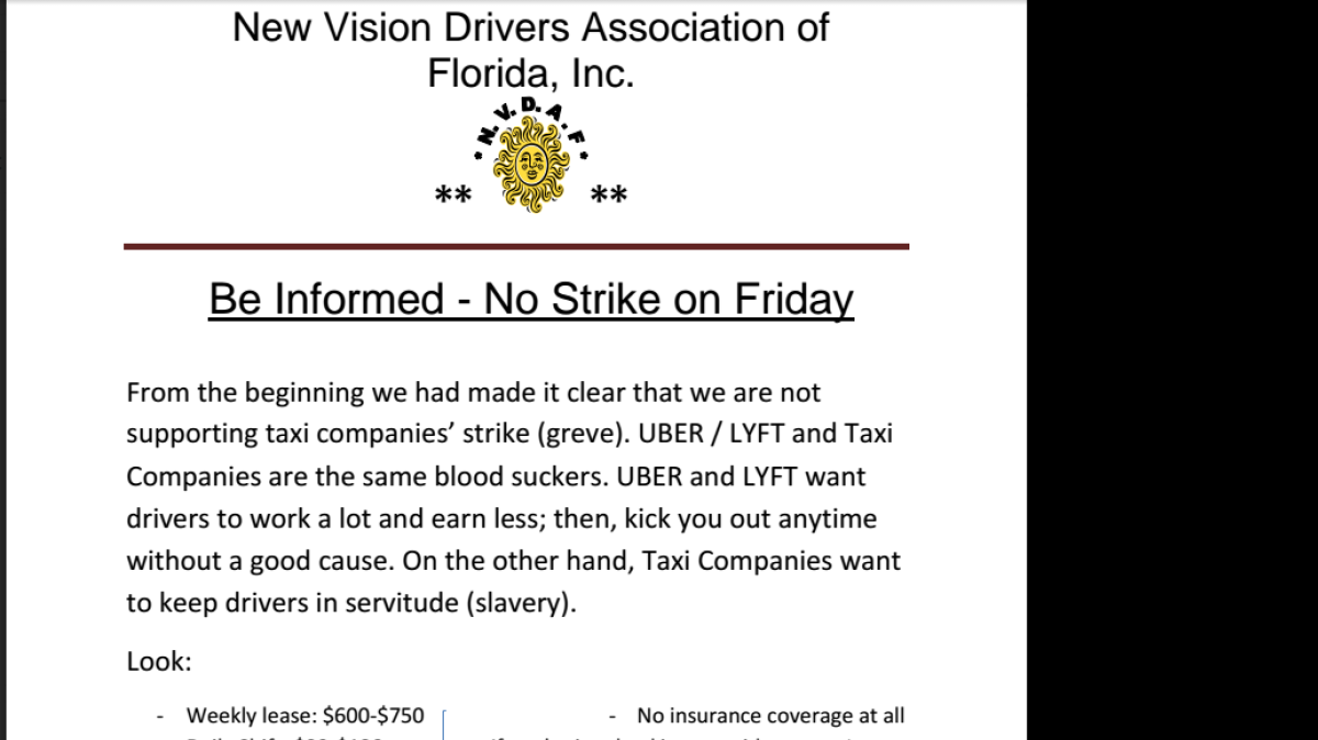 
A flyer issued by a taxi-driver association in Miami. It was designed to head-off a taxi strike Friday over Miami-Dade’s failure to end Uber and Lyft’s thriving business in the county. 
