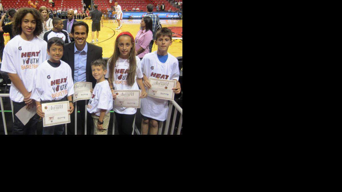 
Miami Heat Head Coach Erik Spoelstra, a three-time NBA champion, congratulated some of last season’s honorees from the Miami Heat-Miami Herald Academic/Sportsmanship Team Player Program. Nominations are being accepted for this season’s program in conjunction with Gatorade.
