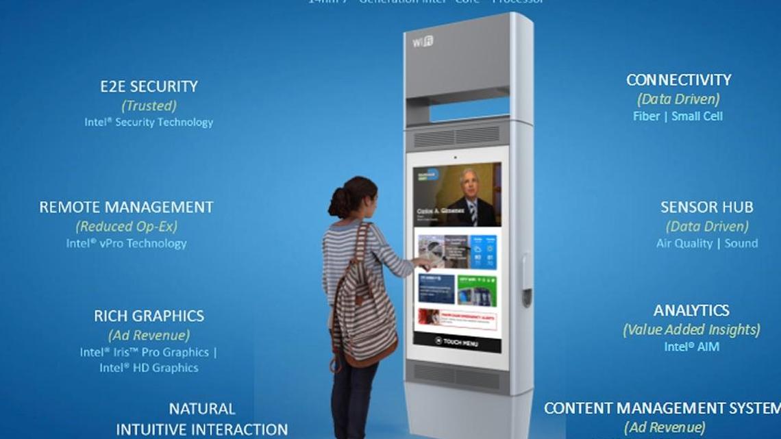 A rendering of what a new interactive kiosk may look like at Miami-Dade bus stops. Taken from an online presentation by Civiq, the company that makes them, this shows a user looking at an interactive screen featuring a message from Mayor Carlos Gimenez. The kiosks show digital advertising as well as information a government wants to share with residents, including transit schedules.